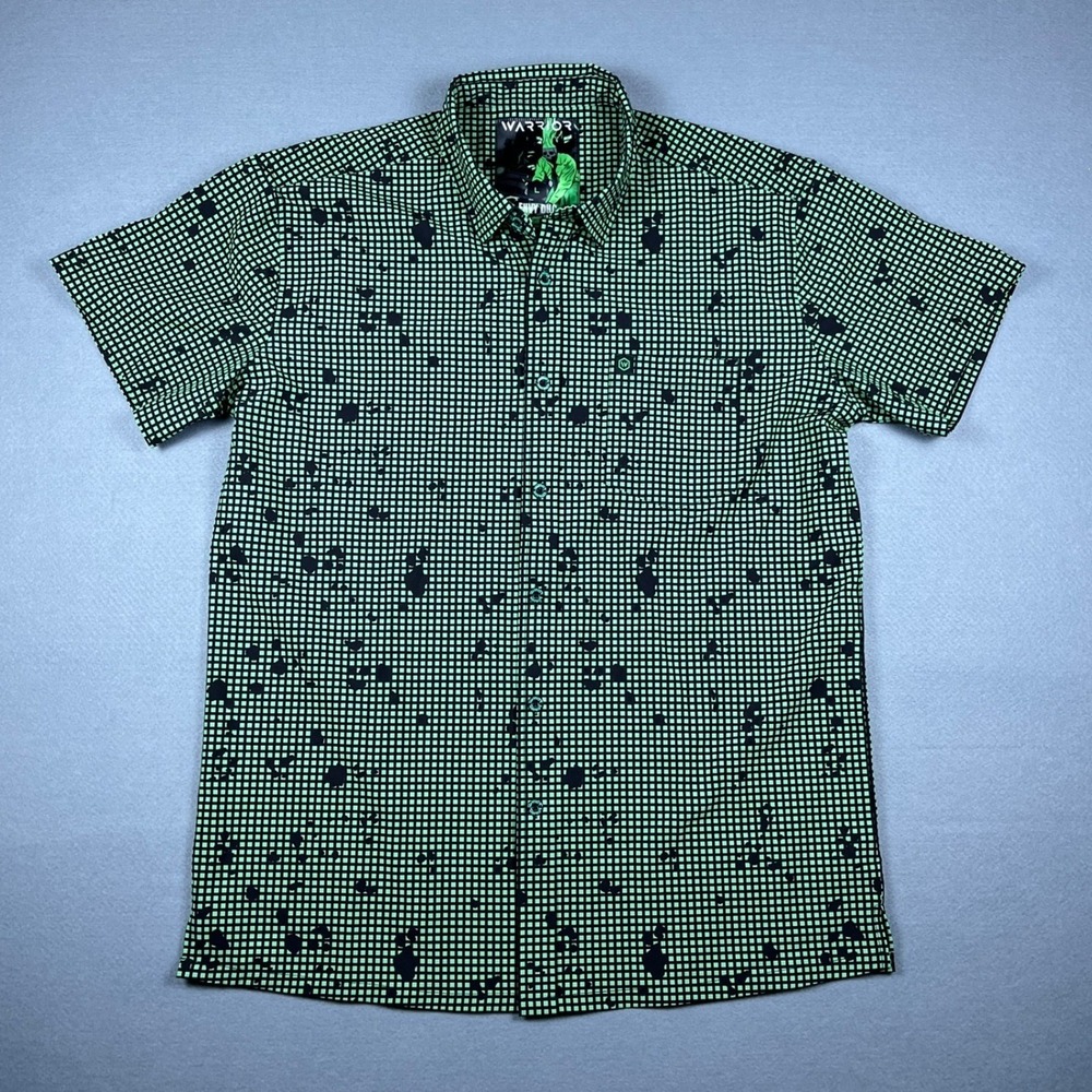 Warrior Envy DNC Mens Large Green Black Grid Splatter Short Sleeve Button Shirt
